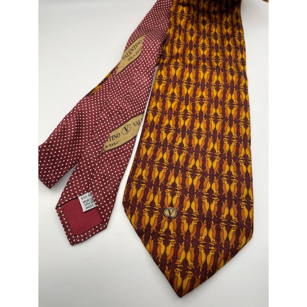 Valentino Cravatte Silk Tie Burgundy Orange Bird Print Made in Italy Vintage